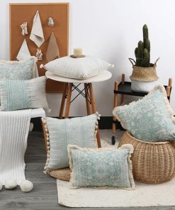 Vintage Blue Texture Pillow Cover with Tassles